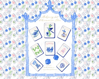 Mahjong Set Clipart: Chinoiserie Blue Watercolor PNG (Digital Download)