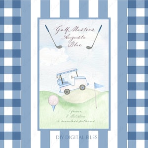 Golf Masters Augusta clipart, blauw aquarel frame. Golfwagen vintage doe-het-zelf digitale clipart