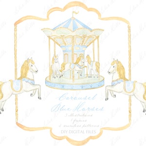 Carrousel chevaux bleu vintage couleurs pastel Baby shower grand millénaire vert doux DIY numérique cadres cadres aquarelle Clipart