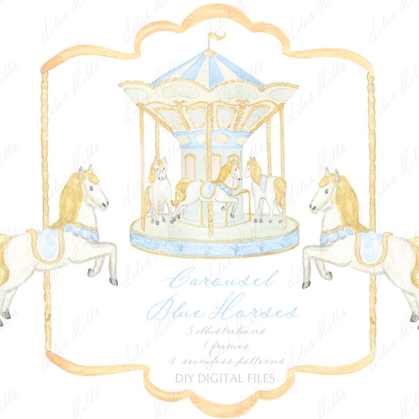 Karussell Pferde Blau Vintage Pastellfarben Baby shower Grandmillennial soft green DIY Digital Paper Rahmen Aquarell Clipart