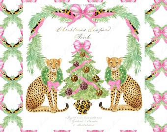 May include: Watercolor illustration featuring two cheetahs flanking a Christmas tree, all adorned with pink bows and leopard print accents. The text "Christmas Leopard Pink" is displayed above the tree. The background includes a repeating pattern of garland and bows.