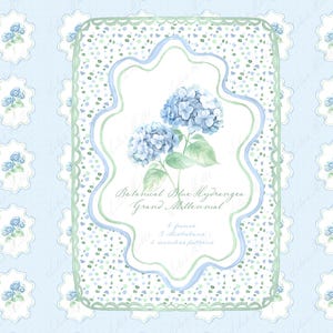 Grand millénaire botanique bleu vert fleurs aquarelle bricolage clipart grand millénaire pépinière oeuvre mariage Clipart numérique papier cadres
