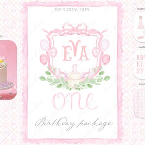 Geburtstag One Jahr Aquarell Crest DIY Grand Millennial Pink Grün Vintage Familie Digital Aquarell Clipart DIY