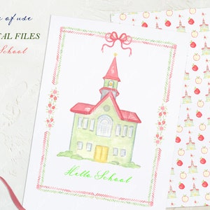 May include: A printable digital file featuring a watercolor illustration of a green schoolhouse with a red roof and a red bow. The text "Hello School" is written in green below the schoolhouse. The image is surrounded by a pink and green border.