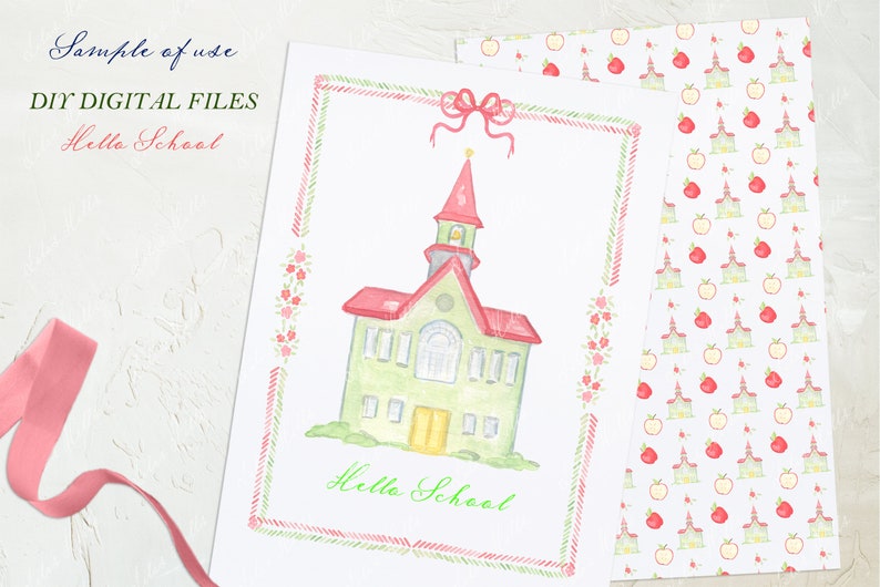 May include: A printable digital file featuring a watercolor illustration of a green schoolhouse with a red roof and a red bow. The text "Hello School" is written in green below the schoolhouse. The image is surrounded by a pink and green border.