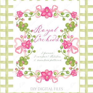 Fiocco di orchidee rosa e verdi. Cornici di carta digitale fai da te Gingham Green Watercolor Clipart