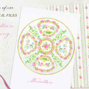 Roze medaillon lente chinoiserie babyshower bloemen Grandmillennial zachtroze DIY digitaal papier aquarel clipart