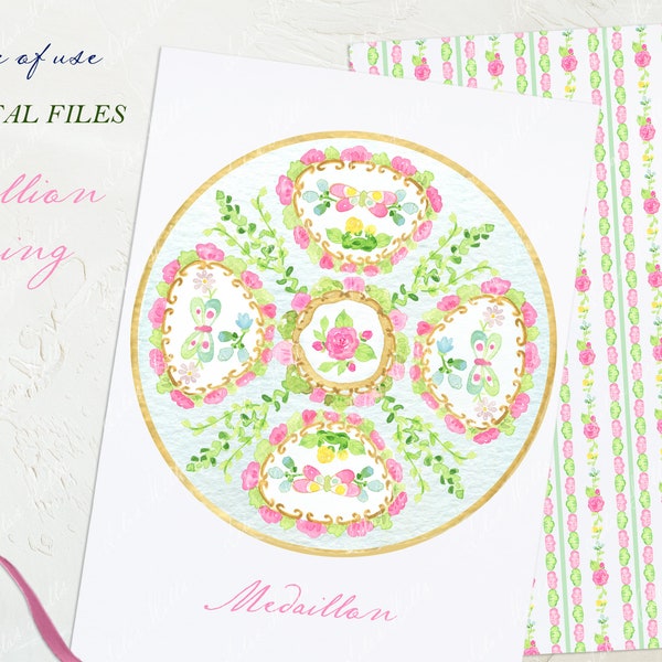 Pink Medallion Spring Chinoiserie  Baby shower Floral Grandmillennial  soft pink DIY Digital paper Watercolor Clipart