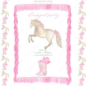 Imágenes prediseñadas digitales vintage para hacer tú mismo de vaquera, caballo rosa, zapatos de vaquero. Plantillas para tarjetas, marcos y papel digital de Texas, gran milenio, HOWDY
