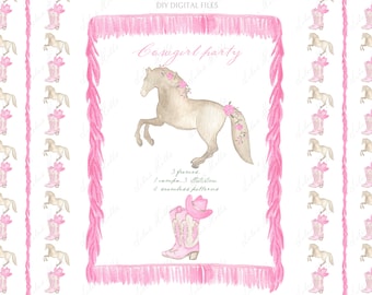 Pink Cowgirl Horse Clipart, DIY Party Frames (Digital Download)