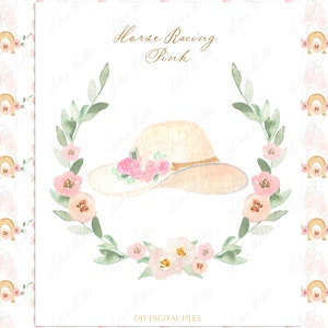 Clipart numérique de course de chevaux rose Kentucky Derby Party DIY. Modèles de cartes avec cadres en papier numérique
