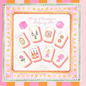 May include: A watercolor illustration of a Pink Champagne Mahjong Set featuring eight white tiles with pink edges, two pink dice, and text reading Pink Champagne Mahjong Set. The tiles display various symbols including champagne bottles, a rose, and a dragon.