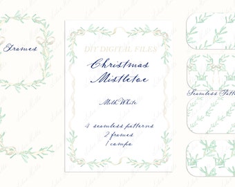 May include: Digital download of four seamless patterns and two frames featuring a delicate, hand-painted mistletoe design in a soft green and white color scheme. The text "DIY DIGITAL FILES Christmas Mistletoe Milk White" is included in the image.