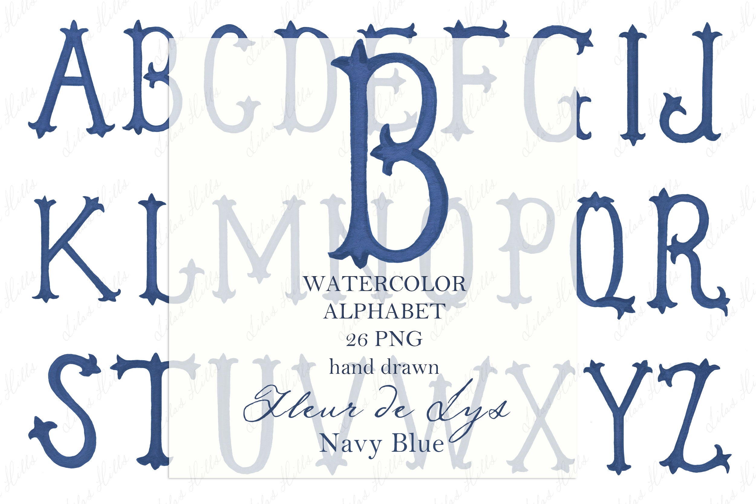 Watercolor Navy Monogram Letters: Fleur De Lys Crest DIY (PNG Digital ...