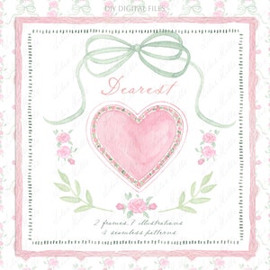 Clipart digital vintage para bricolaje con forma de corazón rosa y flores para el día de San Valentín. Papel digital para baby shower con marcos de acuarela.