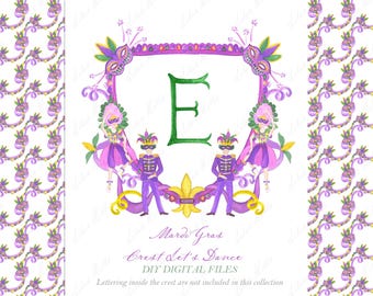 Mardi Gras Crest, Watercolor Clipart & Digital Papers (DIY)