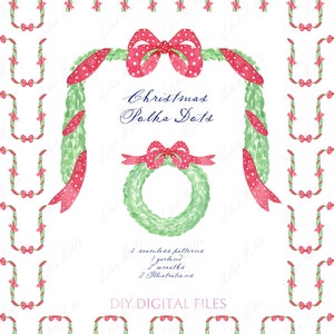 Christmas Polka Dots bow and Greenery Wreath. DIY Digital Clipart. Digital download papers Frames Christmas Garland