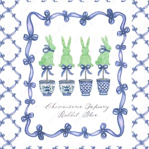 Chinoiseries Topiary Kaninchen Blau Grand tausendjährig Ostern Aquarell Clipart DIY Handgemalt