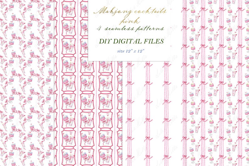 Puede incluir: Cuatro patrones digitales sin costuras en rosa, con ilustraciones de c&oacute;cteles y lazos. Los patrones incluyen un dise&ntilde;o repetitivo de c&oacute;cteles, lazos y rayas verticales. Tambi&eacute;n est&aacute; presente el texto "Mahjong cocktails pink" y "DIY DIGITAL FILES tama&ntilde;o 30.48cm x 30.48cm".
