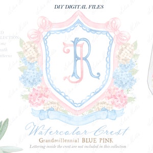 Hydrangea Blue Pink Grand millennial Wedding Family Crest DIY Blue Wildflowers Digital papers Watercolor Clipart