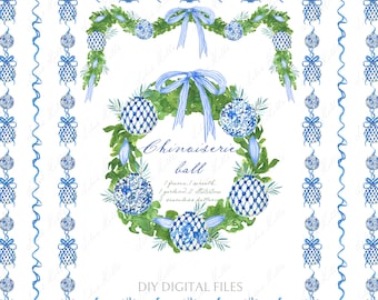 Könnte beinhalten: Blaue und weiße Chinoiserie-Kugeln mit einem grünen Blätterkranz und einem blauen Band. Der Text "Chinoiserie ball" ist in Kursivschrift geschrieben. Der Text "1 frame, 1 wreath, 1 garland, 2 illustrations, downloadable patterns" ist in Schwarz geschrieben.