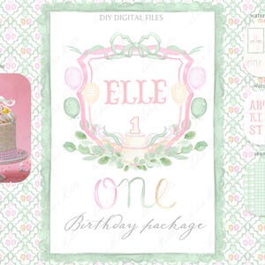 Geburtstag One Jahr Aquarell Crest DIY Grand Millennial Pink Grün Beige Vintage Familie Digital Aquarell Clipart DIY