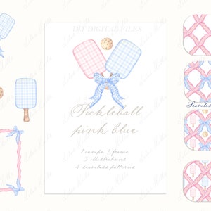 May include: A digital download of watercolour illustrations featuring pink and blue pickleball paddles, a ball, and four seamless patterns. The text "Pickleball pink blue" is included in the image.