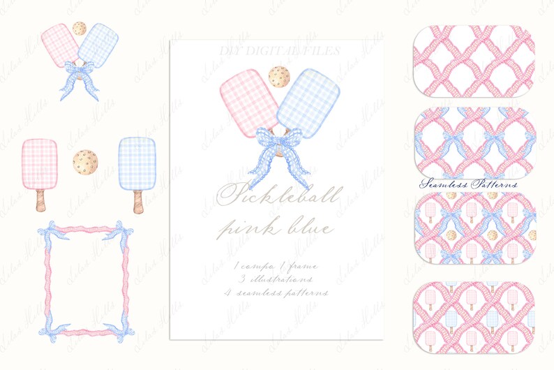May include: A digital download of watercolour illustrations featuring pink and blue pickleball paddles, a ball, and four seamless patterns. The text "Pickleball pink blue" is included in the image.
