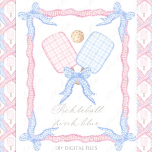 May include: A digital download of two watercolour illustrations of pink and blue pickleball paddles with a white gingham pattern. The paddles are tied together with a blue bow and are surrounded by a pink and blue lace border. The text "Pickleball pink blue" is written in cursive below the paddles. The text "DIY DIGITAL FILES" is written below the lace border.