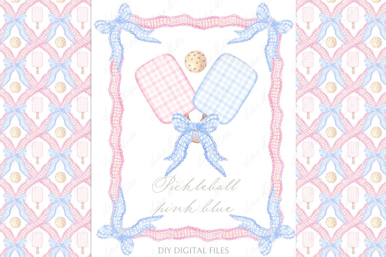 May include: A digital download of two watercolour illustrations of pink and blue pickleball paddles with a white gingham pattern. The paddles are tied together with a blue bow and are surrounded by a pink and blue lace border. The text "Pickleball pink blue" is written in cursive below the paddles. The text "DIY DIGITAL FILES" is written below the lace border.