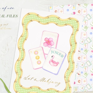 May include: Watercolor illustration of Mahjong tiles with a bamboo-style frame. The tiles feature floral and flamingo designs, with the text "Let's Mahjong". The words "DIY DIGITAL FILES" are also visible.
