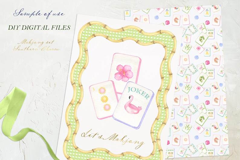May include: Watercolor illustration of Mahjong tiles with a bamboo-style frame. The tiles feature floral and flamingo designs, with the text "Let's Mahjong". The words "DIY DIGITAL FILES" are also visible.