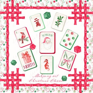 Puede incluir: Un juego de Mahjong con temática navideña con ilustraciones en las fichas y dados. Las fichas presentan un cardenal, Papá Noel y un regalo envuelto. El conjunto está enmarcado por un borde rojo estilo bambú e incluye el texto "Mahjong set Christmas Classic."