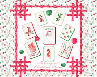 Watercolor Christmas Clipart: Mahjong, Chinoiserie, Frames (PNG Digital Download)