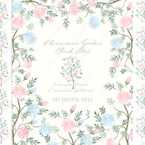 Chinoiserie Garden Toile roze en blauwe bloemen en vogels. Aquarel DIY digitale clipart Grand millennial