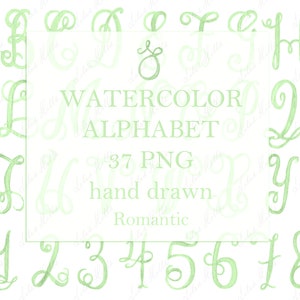 Hochzeit Monogramm PNG Kalligraphie Buchstaben Zahlen für Crest DIY Romantische Grün Digital Aquarell Clipart