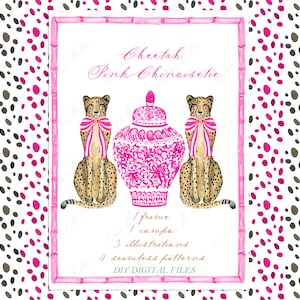 Cheetah Hot Pink Chinoiseie bamboo. DIY Digital paper Frames Watercolor Clipart