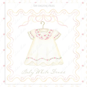 Watercolor White Dress with flowers  Baby Shower clipart Grandmillennial Nursery Artwork Baby Girl Dress DIY Digital paper Frames