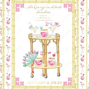Cocktails mahjong bambou bar aquarelle bricolage clipart Chinoiserie Grand millénaire Mah Jong oeuvre mariage Clipart numérique papier cadre