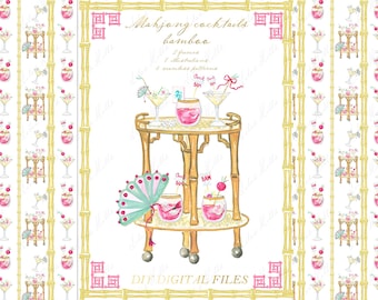 Mahjong Cocktail Clipart: Chinoiserie DIY Watercolor Graphics (Digital Download, PNG