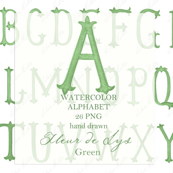 Wedding Monogram PNG Watercolor Green Vintage Calligraphy Letters for Crest DIY Fleur de Lys  Digital Watercolor Clipart