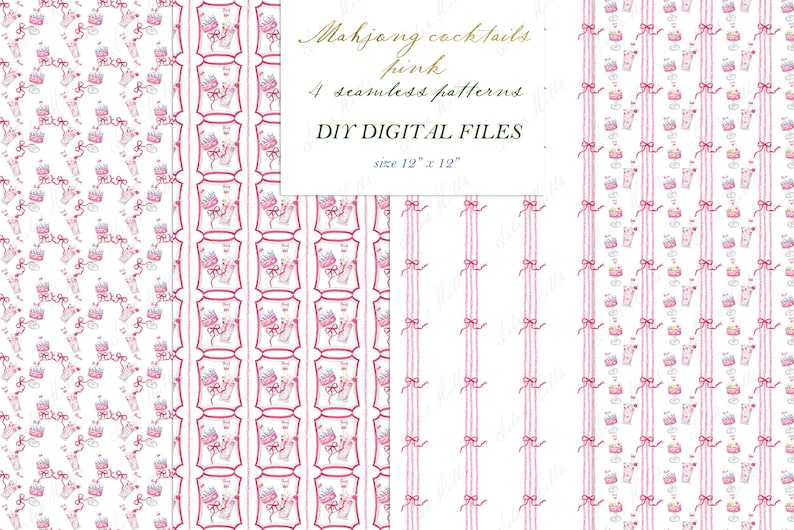 Puede incluir: Cuatro patrones digitales sin costuras en rosa, con ilustraciones de c&oacute;cteles y lazos. Los patrones incluyen un dise&ntilde;o repetitivo de c&oacute;cteles, lazos y rayas verticales. Tambi&eacute;n est&aacute; presente el texto "Mahjong cocktails pink" y "DIY DIGITAL FILES tama&ntilde;o 30.48cm x 30.48cm".