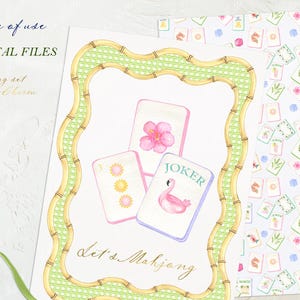May include: Watercolor illustration of Mahjong tiles with a bamboo-style frame. The tiles feature floral and flamingo designs, with the text "Let's Mahjong". Additional text includes "Sample of use" and "DIY DIGITAL FILES".