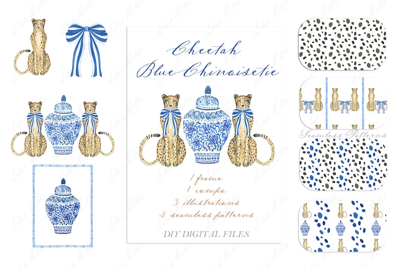 Cheetah Blue Chinoiseie Bamboo. DIY Digital Paper Frames Watercolor ...