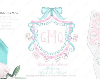 Watercolor Mahjong Crest Clipart: Pink & Blue DIY Digital Papers