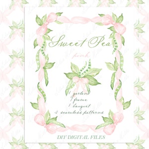 Rose pois de senteur. Cadre de douche de bébé fille DIY avec noeud blanc ivoire Clipart numérique. Bouquet Modèles sans couture