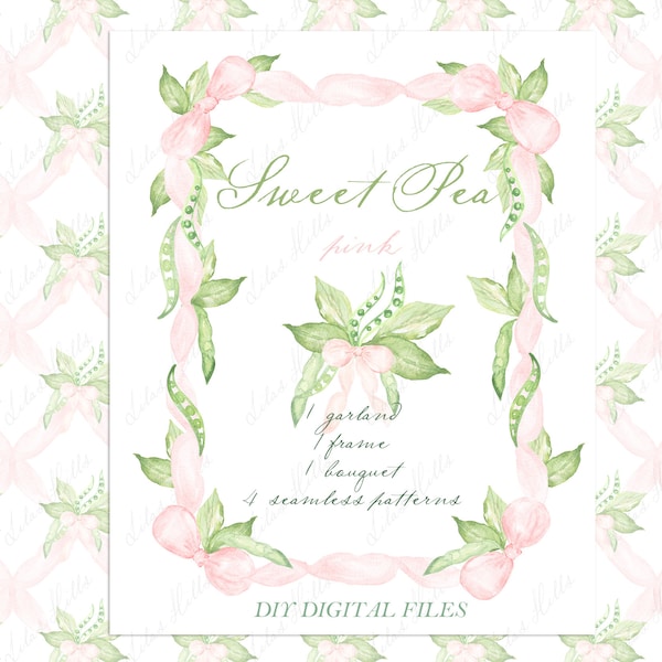 Sweet Pea pink. Baby  girl shower  DIY Ivory white bow frame  Digital Clipart. Seamless patterns Bouquet