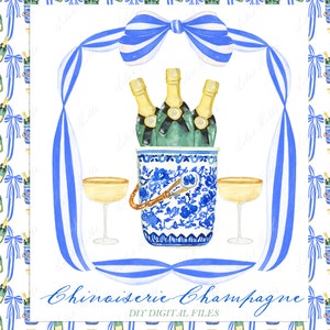 Chinoiserie Blauwe champagnetoren. DIY digitale papierlijsten aquarel clipart nieuwjaar