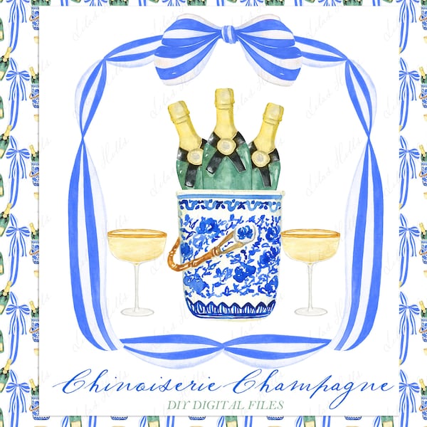 Chinoiserie Blue Champagne tower. DIY Digital paper Frames Watercolor Clipart New Year