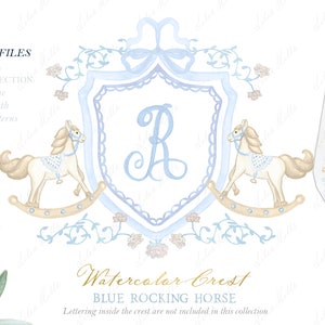 Blue Rocking Horse Newborn Boy Family Acquerello Crest DIY Dusty Blue Bow Carte digitali Acquerello Clipart